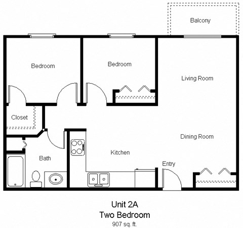 Floor plan for 2 beds, 1 bath, 907 sqft